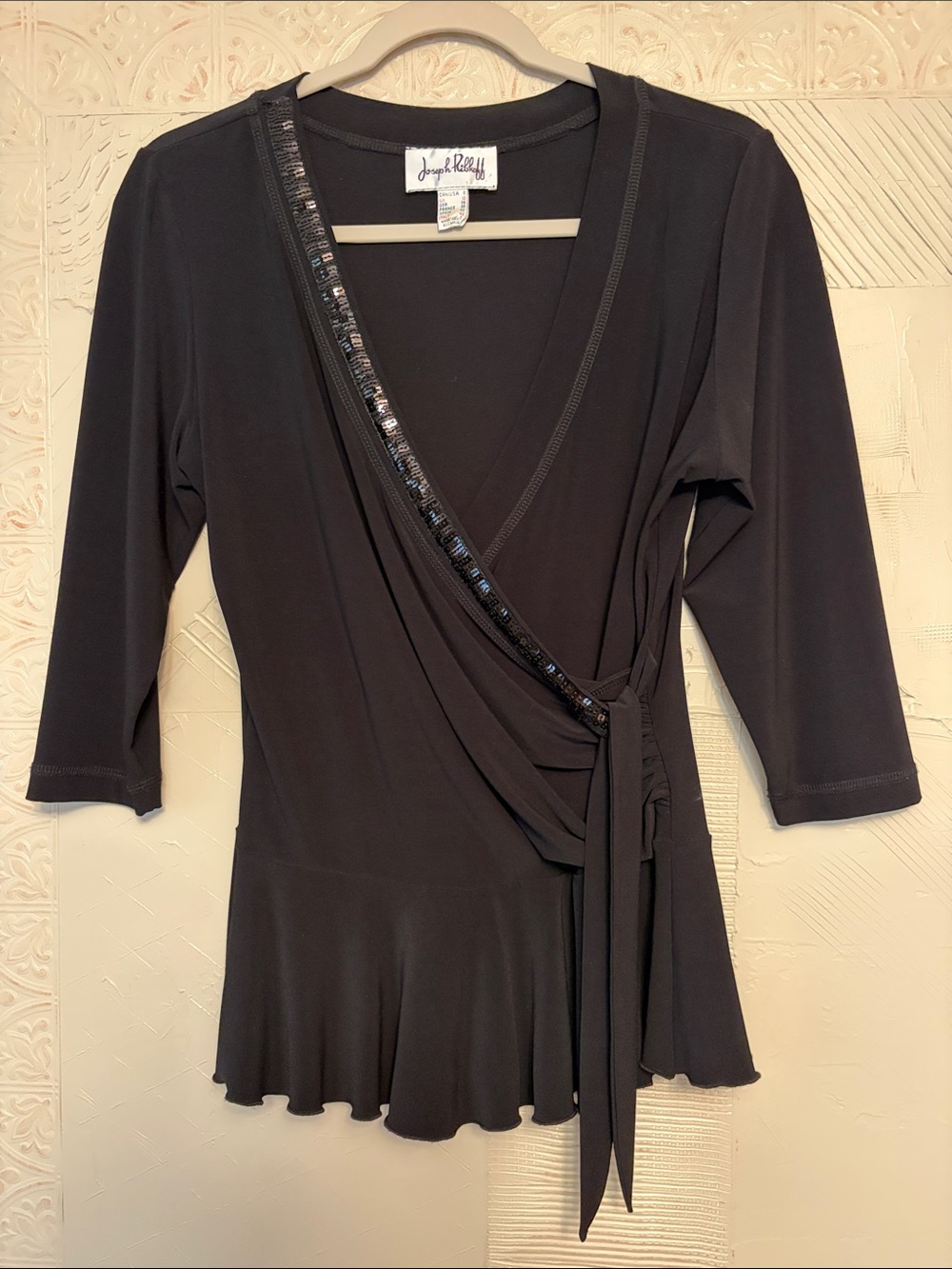 Joseph Ribkoff Black Vintage Wrap Blouse with Sequin Trim, size 8